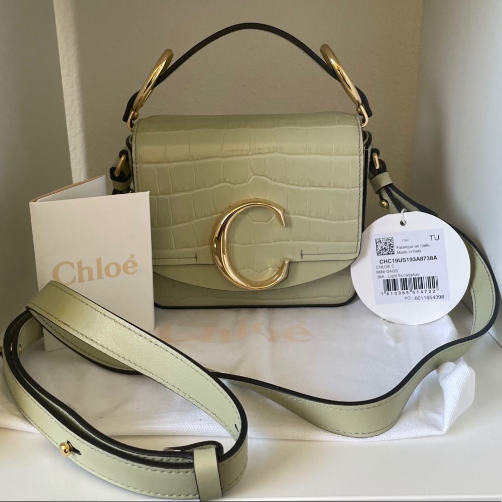 Chloe Light Green Croc-Embossed Bag with Gold Accents